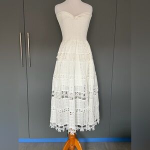 STRUT & BOLT Eyelet Tube Strapless Midi Dress Cotton Crochet Lace, lining Size M